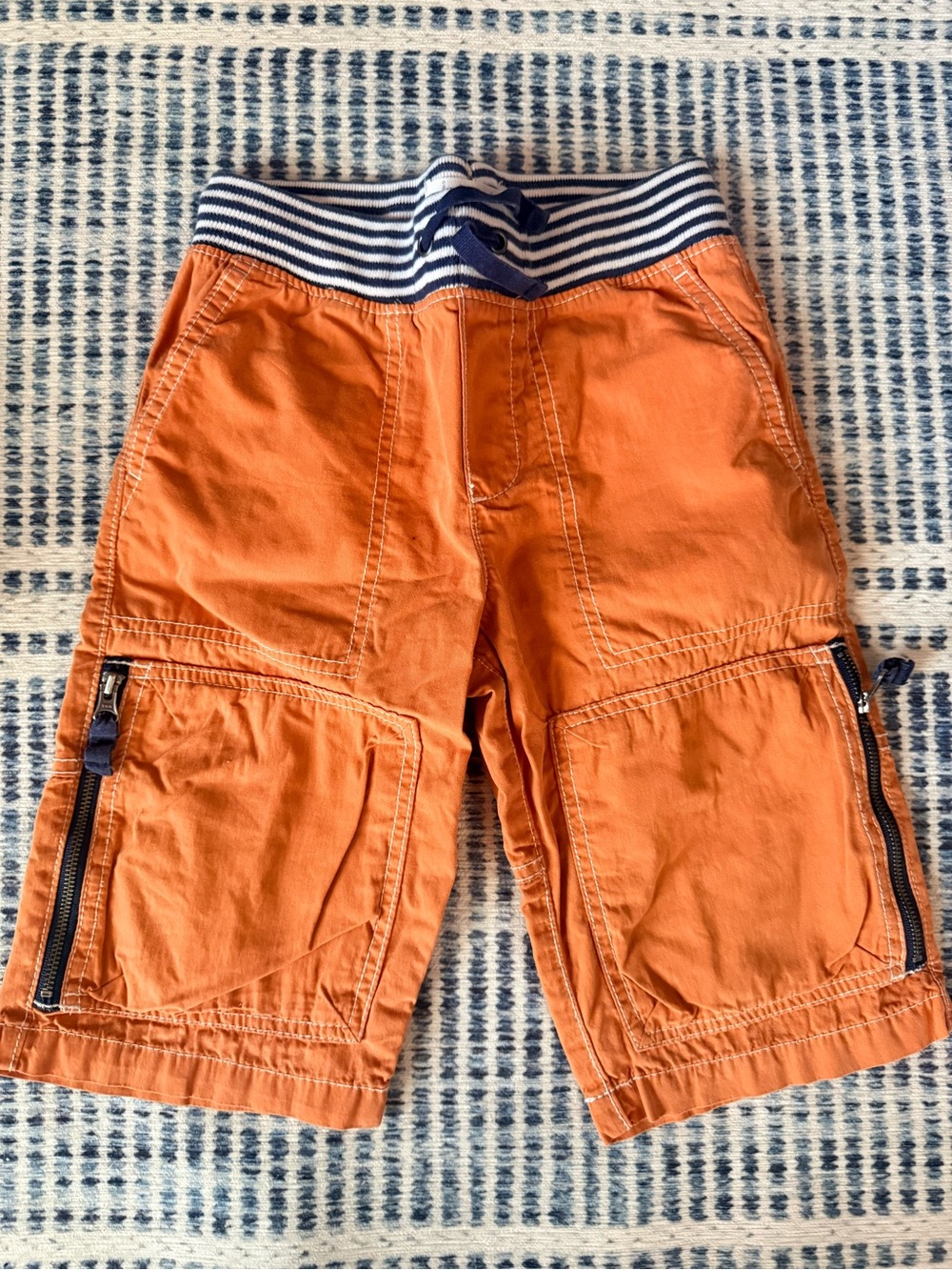 Mini Boden Orange Cargo Shorts with Navy Stripe Waistband